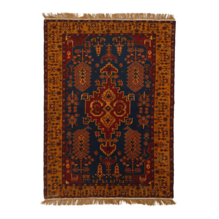 Luxurious Turkmen Silk Flower Hand-Knotted Rug | Navy Wool & Silk