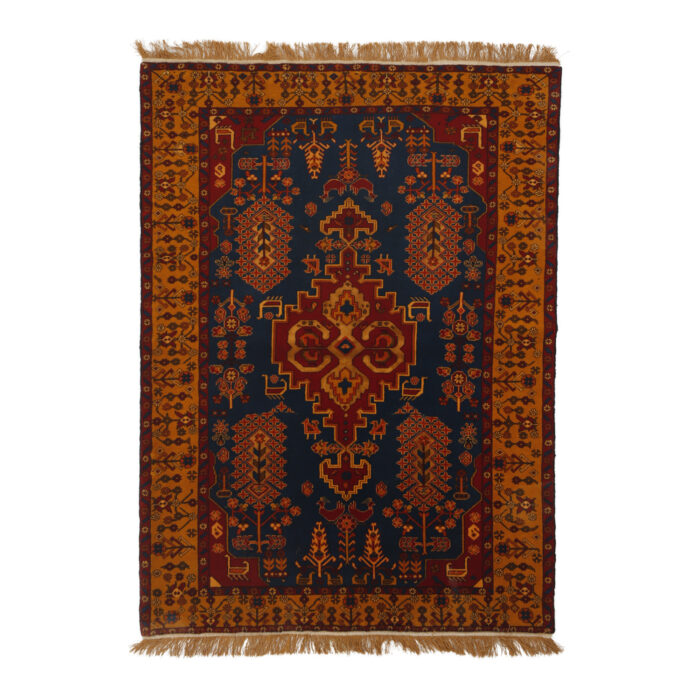 Luxurious Turkmen Silk Flower Hand-Knotted Rug | Navy Wool & Silk