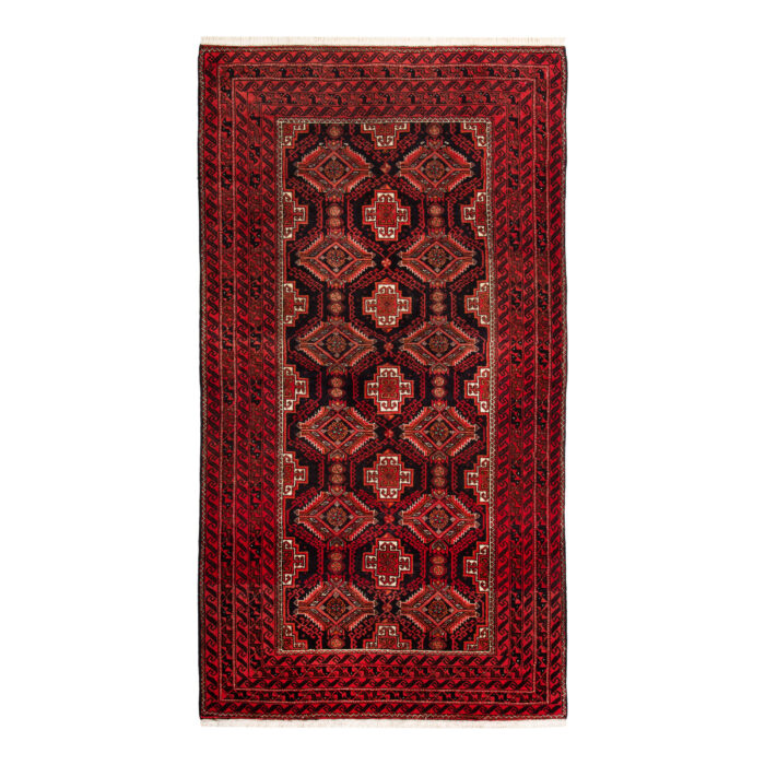 Luxurious Two Meter Hand-Knotted Baloch Wool Rug in Navy