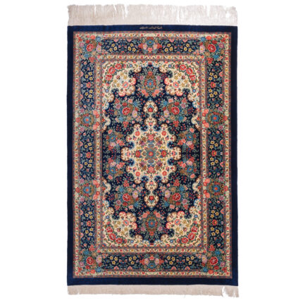 Exquisite Qom Silk Persian Hand-Knotted Rug in Navy - Signed by Mehdi Sadeghzadeh