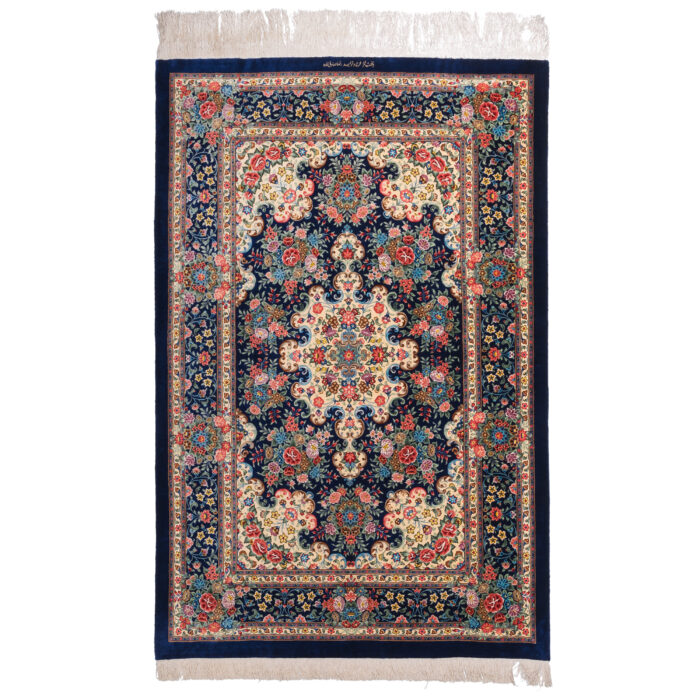 Exquisite Qom Silk Persian Hand-Knotted Rug in Navy - Signed by Mehdi Sadeghzadeh