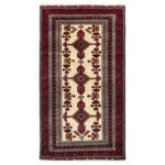 Luxurious Two Meter Baloch Hand-Knotted Wool Rug in Cream