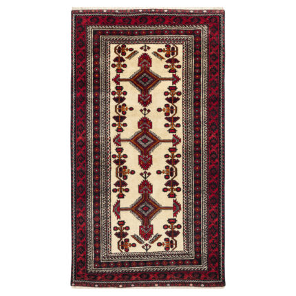 Luxurious Two Meter Baloch Hand-Knotted Wool Rug in Cream