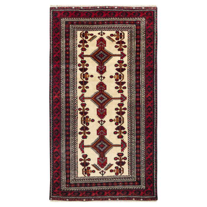Luxurious Two Meter Baloch Hand-Knotted Wool Rug in Cream