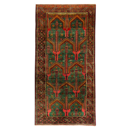Luxurious Three-Meter Hand-Knotted Green Wool Rug from Balochistan