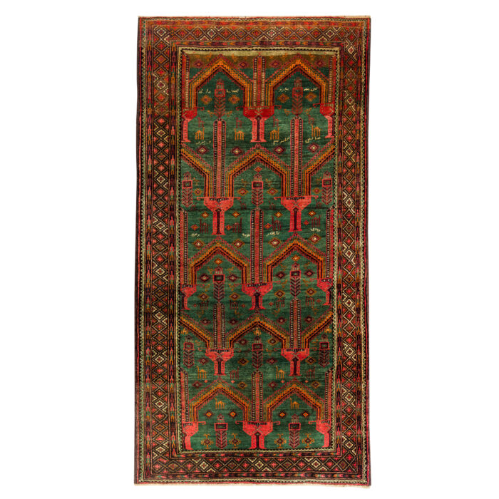 Luxurious Three-Meter Hand-Knotted Green Wool Rug from Balochistan