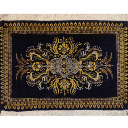 Luxurious One Meter Hand-Knotted Kashan Design Rug in Navy