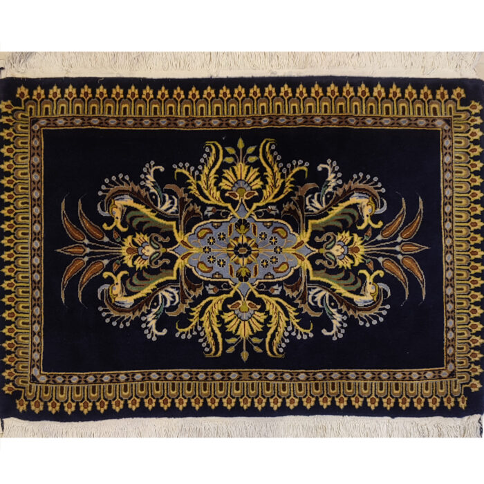 Luxurious One Meter Hand-Knotted Kashan Design Rug in Navy