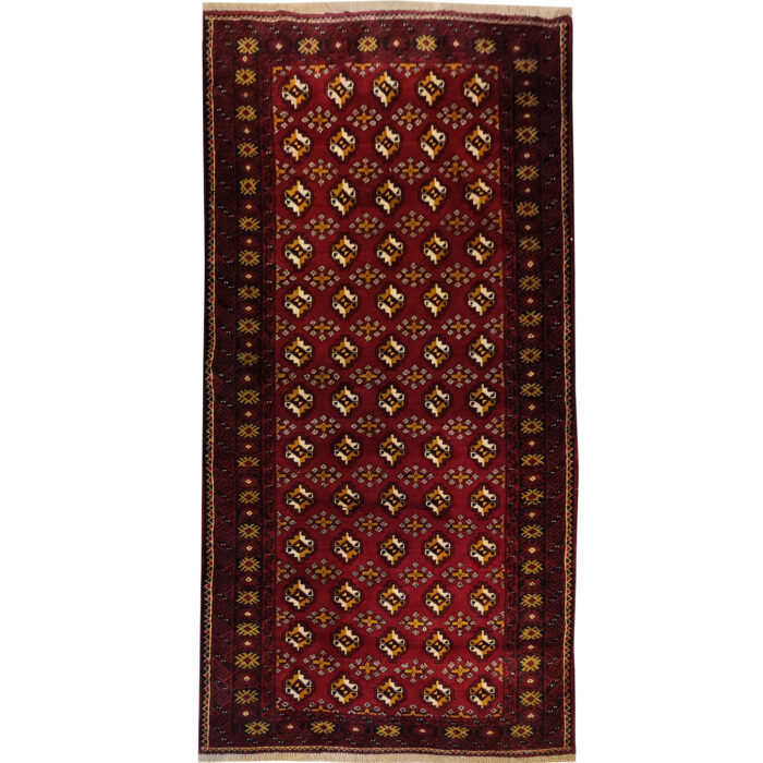 Luxurious Two-Meter Turkman Design Hand-Woven Wool Side Rug from Tabriz