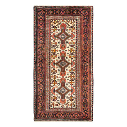 Luxurious Two-Meter Hand-Knotted Baloch Wool Rug in Cream
