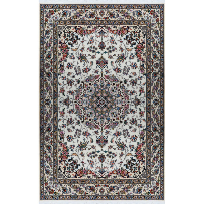 Luxurious Nain Wool Silk Hand-Knotted 4m Rug in Cream
