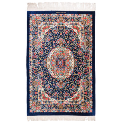Luxurious Persian Silk Hand-Knotted Navy Rug from Qom