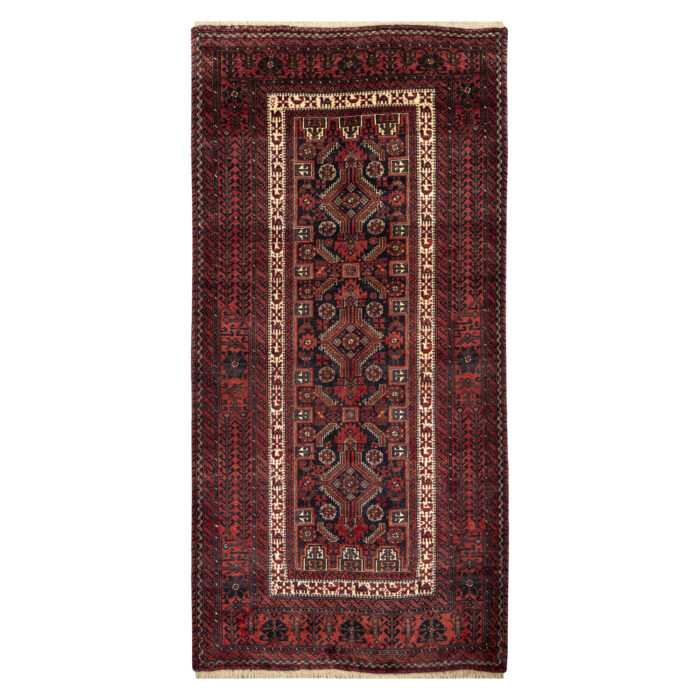 Luxurious Two Meter Hand-Knotted Baloch Wool Rug in Navy